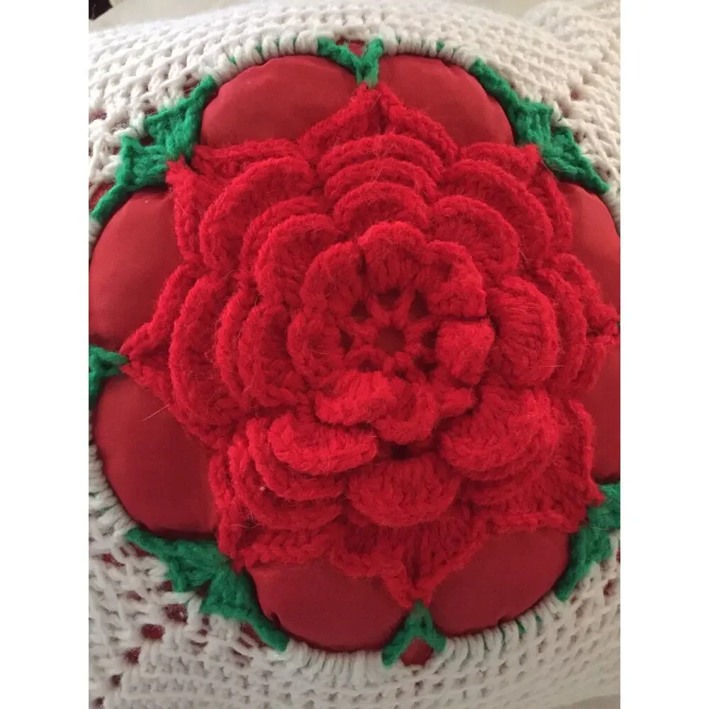 Crochet Flower Rose Square‎ Handmade Couch Bed Pillow Tassels Red White